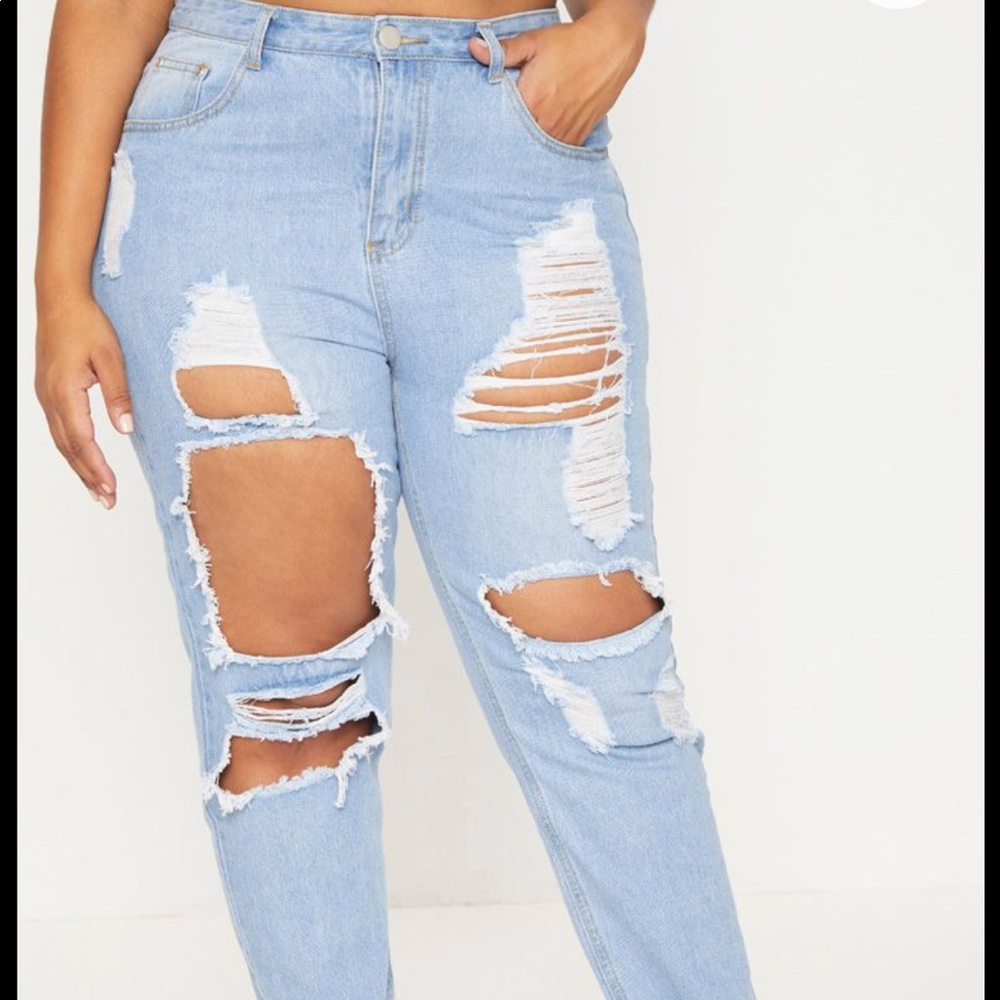 Plus Light Wash Extreme Rip Mom Jeans